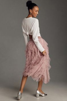 Find ANTHROPOLOGIE The Chéri Ruffled Tulle Midi Skirt on Editorialist. The Chéri is a oui. This top-rated midi skirt features a waterfall of tulle ruffles and delicate, swiss dot embellishments. The Chéri Ruffled Tulle Midi Skirt in Pink, Women's, Size: XS, Polyester/Rayon/Tulle Elegant Tulle Skirt With Ruffles, Elegant Tulle Bottoms With Ruffled Skirt, Feminine Evening Tulle Skirt, Feminine Ruffled Skirt For Evening, Midi Dress With Ruffles And Voluminous Skirt, Spring Evening Ruffled Skirt, Chic Midi Skirt Dress With Ruffles, Elegant Tulle Maxi Skirt With Ruffles, Fitted Tulle Skirt With Ruffles