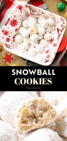 snowball cookies on a plate and in a bowl