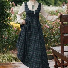 Olivia Mark - Long Sleeve Stand Collar Embroidered Plaid Waist-Cinching A-Line Dress Fesyen Islam, Cottagecore Outfits, Old Fashion Dresses, Cottagecore Fashion, Skirt Maxi, 가을 패션, Mode Vintage, Types Of Dresses, Mode Inspiration