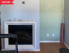 an empty living room with a fireplace before and after remodeling on the walls