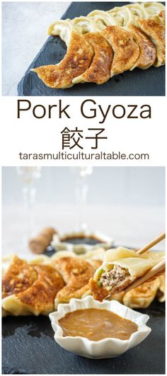 Pork Gyoza (餃子) on a chalkboard serving board and dipping a piece in miso sauce. Pork Gyoza Recipe, Pork Gyoza, Pork Roasts, Gyoza Recipe, Easy Dipping Sauce, Recipe For Pork, Pork Dumplings, Pork Dumpling