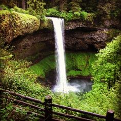 a large waterfall in the middle of a forest with green grass and trees around it