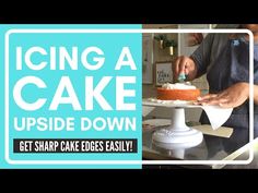 a woman is decorating a cake with icing on it and the words, icing a cake upside down get sharp cake edges easily