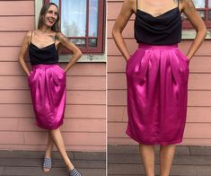 **IMPORTANT NOTE ABOUT SHIPPING DELAY Please note that the shop will be away from Monday Sept 30 through Friday October 11, and unable to ship orders during that time. Orders placed will ship Oct 11 & 12! A B O U T 1980s vibrant fuchsia pink pencil skirt in a lovely satin fabric. Button and zipper closure on waist, with side pockets. 87% acetate / 13% nylon fabric blend. Dress down with a band tee and boots, or style up to the 9's! L A B E L: Susan Burrowes C O N D I T I O N Excellent vintage co Blue Midi Skirt, Pink Pencil, Pink Pencil Skirt, Printed Pleated Skirt, Knee Length Skirt Pencil, High Waisted Pencil Skirt, High Waist Skirt, Lace Cutout, Band T Shirts