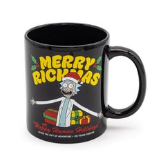 a black coffee mug with the words merry ricks and an image of a cartoon character