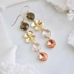 "Flower Earrings // Boho Bridal Earrings // Statement Wedding Earrings // Whimsical Earrings // 14k Gold Filled Earrings // Western Wedding These beautiful hazel brown, crystal and rose peach boho bridal earrings match the natural allure of either a western wedding or woodland wedding. The faceted glass are set inside of raw brass which have a warm patina finish adding to their vintage appeal and the faceted hazel brown have an open back allowing the light to filter through shifting their colora Green Round Flower Earrings For Wedding, Green Flower Shaped Jewelry For Wedding, Gold Flower-shaped Wedding Earrings, Green Flower Wedding Earrings, Wedding Jewelry With Dangle Plating, Round Bridal Earrings With Ear Wire, Green Flower Shaped Wedding Jewelry, Wedding Jewelry With Plating, Green Flower-shaped Wedding Jewelry