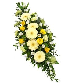 a bouquet of yellow and white flowers with greenery on the side, isolated against a white background