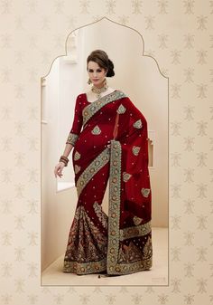 USD 69.16 Maroon Faux Georgette Resham Work Bridal Saree  32441 Sari Lehenga, Formal Saree, Bridesmaid Lehenga, Indian Wedding Bride, Bollywood Dress, Modern Saree