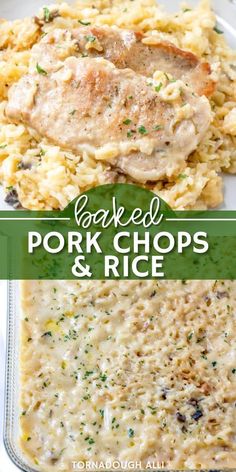 baked pork chops and rice in a casserole dish on a white plate