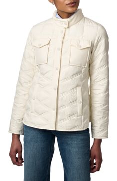 Layer up in sophisticated style with this triple-stitched quilted jacket made from recycled fabric for earth-conscious style. Front snap closure Mock neck Chest snap-flap patch pockets; front snap-welt pockets Lined, with synthetic fill 100% recycled polyester Machine wash, tumble dry Made in China White Quilted Jacket For Spring, Winter White Long Sleeve Quilted Jacket, Polyester Jacket, Maternity Shops, Diamond Quilt, Designer Clothes For Men, Modern Outfits, Toddler Girl Outfits, Women's Summer Fashion