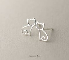 Kitten Silhouette, Cat Stud Earrings, Cat Earrings Studs, Hammered Hoop Earrings, Sterling Silver Cat, Silver Cat, Animal Earrings, Cat Jewelry, Cat Earrings