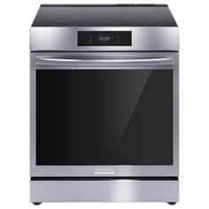 a stainless steel oven with the door open