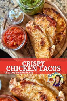 This recipe shows a plate of crispy chicken tacos along with 3 jars of sour cream, guacamole, and red salsa. The brightly colored banner displays the name of the recipe, "Crispy Chicken Tacos." Taco Bell Crispy Chicken Taco, Queso Chicken Tacos Instant Pot, Chicken And Rice Tacos, Copycat Cantina Chicken Taco Bell, Chicken Adobo Tacos, Taco Seasoned Chicken Recipes, Fried Chicken Tacos Flour Tortillas, Chicken Fajita Tacos Easy Recipes, Chicken Cantina Tacos