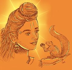 a drawing of a woman holding a squirrel