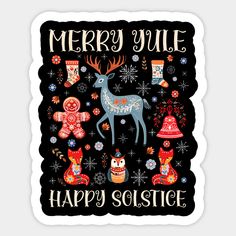 merry mule happy solstice with an owl and other holiday items on black background