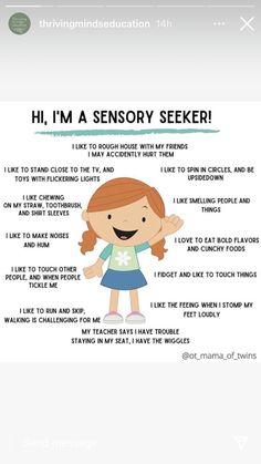 a cartoon girl with the words, i'm a sensory seeker