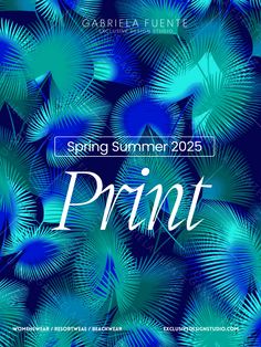 a blue background with palm leaves and the words spring summer 2020 printed in white on it