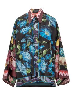 100% Silk Luxury Printed Blouse For Spring, Silk Shirt With Floral Print And Spread Collar, Designer Multicolor Floral Print Shirt, Designer Silk Shirt With Floral Print, Designer Multicolor Silk Shirt, Silk Top With Floral Print And Spread Collar, Luxury Long Sleeve Tops With Floral Print, Luxury Long Sleeve Floral Print Tops, Multicolor Elegant Shirt With Spread Collar