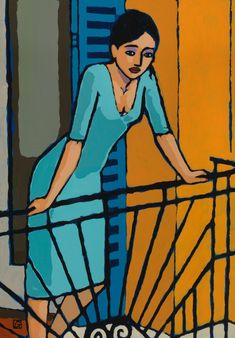 a painting of a woman leaning on a balcony railing with her hand on the rail