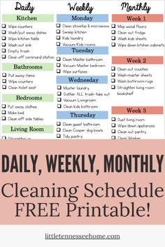 a printable cleaning schedule with the words daily, weekly and free printable