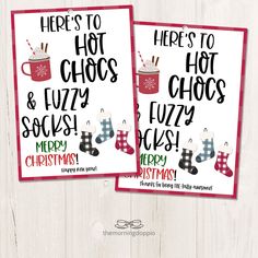 two christmas cards with hot chocolates and socks on them, one is for the holiday season