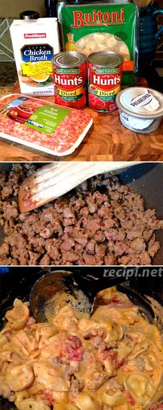 the process of making pasta with meat and sauces is shown in three different pictures