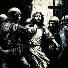 a black and white painting of jesus being led by soldiers