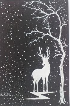 a drawing of a deer standing in the snow next to a tree