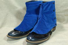 "A hand made pair of fully functioning spats made from stiffened blue velvet. Fully lined. Button fastening with a strap and slider under the foot.  Ankle 11\" length heal to top edge 6\" When checking the size, it's best to measure over the shoes or boots you plan to wear underneath." Wool Shoes, Steampunk Cosplay, Beautiful Costumes, Cosplay Shoes, Cap Dress, Shoe Covers, Blue Velvet, Costume Accessories, Hand Made