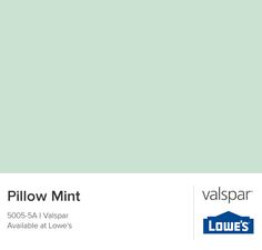 a green paint swatch with the words, pillow mint and valpspar available at low's