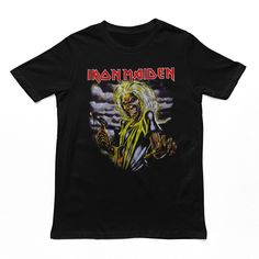 Iron Maiden Killers Throwback Retro Rock N Roll Concert Short Sleeve Tee Shirt. Adult Size Shirt Made From 100% Pre-Shrunk Medium Weight Cotton. Every Item We Sell Is Original Brand New. If An Item Is Designated As "Distressed", The Design Contains Intentional Skips And Voids Which Give The Item A Worn-In Or Vintage Look. These Are Part Of The Actual Design And Do Not Reflect Poor Printing. Black Graphic Tee With Band Logo, Rock N Roll Concert, Iron Maiden Shirt, Ski Shirts, Surf Shirt, Blank T Shirts, Rock T Shirts, Team Apparel, Grey Tee