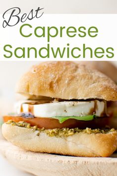 a close up of a sandwich on a plate with the words best caprese sandwiches