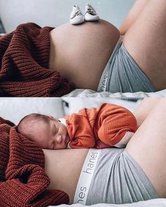 a baby wrapped in a blanket is laying on its stomach and the other side shows it's belly