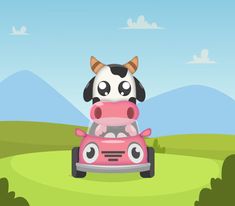 a cow driving a pink car in the middle of a field