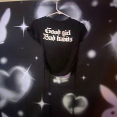 Good Girl Bad Habits Crop Top Back Tie Never Worn Backless Y2k Cotton Crop Top For Night Out, Y2k Style Cotton Crop Top For Night Out, Y2k Style Black Cotton Crop Top, Cute Black Crop Top With Letter Print, Cheap Black Band Merch Crop Top, Stretch Black Crop Top With Text Print, Black Cotton Grunge Crop Top, Black Cropped Crop Top With Text Print, Black Edgy Crop Top T-shirt