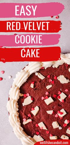 a red velvet cookie cake with white frosting and sprinkles