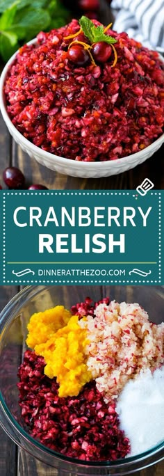 cranberry relish recipe in a bowl with the words cranberry relish on