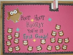 a pink sign with owls and stars on it that says hooray you're in first grade