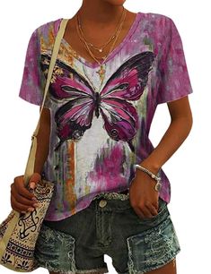 PRICES MAY VARY. ✿ Details Design: The women's casual cute summer tshirt features a butterfly graphic on the front and back, and with oil painting style, short sleeve, v-neck tee, basic style. ✿ Soft Material: This cute butterfly print sweatshirt is made of comfortable fabric, lightweight and breathable. Provide you with a comfortable touch, skin friendly, so that you can enjoy spring and summer. ✿ Occasions: The butterfly shirt top is a must-list for your wardrobe! You can pair this cute butter Summer Graphic Tee With Butterfly Print, Casual Butterfly Print Tops For Summer, Casual T-shirt With Butterfly Print, Casual V-neck Butterfly Print Tops, Casual V-neck Top With Butterfly Print, Summer Watercolor Print Graphic Tee, Casual Pink T-shirt With Butterfly Print, Casual Watercolor Print T-shirt For Summer, Paint Tshirt