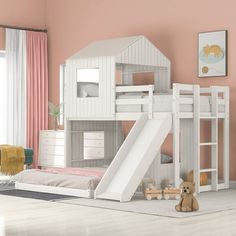 a child's bedroom with a white bunk bed and slide in the middle, pink walls