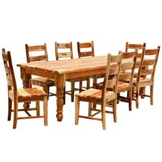 a large wooden table and chairs with one chair missing the back end, in front of a white background