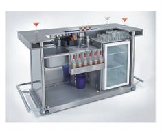 a stainless steel bar with drinks on it