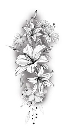 an ink drawing of flowers on a white background