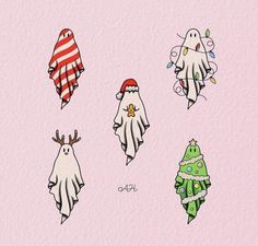 four ghostes with christmas trees on their heads and one wearing a santa claus hat