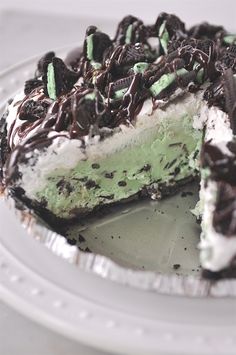 a chocolate and mint ice cream pie on a plate