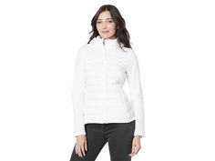 Calvin Klein Short Scuba Side Lightweight Puffer - Women's Jacket : White : Calvin Klein Short Scuba Side Lightweight Puffer Jacket comes with a fashionable look and a stylish quilted design. Standing collar and long sleeves. Attached hood with cinch closure. Zippered front closure. Two zippered side pockets. One side pocket. Straight hemline. 100% nylon. Machine wash, tumble dry. Imported. Measurements: Length: 25 in Sleeve Length: 27 in Product measurements were taken using size SM (US 6-8). P Casual Fitted Hooded Quilted Jacket, Casual Quilted Jacket With Double-lined Hood, Sporty Calvin Klein Winter Outerwear, Calvin Klein Sporty Winter Outerwear, Calvin Klein Sporty Long Sleeve Outerwear, Calvin Klein White Winter Outerwear, Calvin Klein Long Sleeve Puffer Jacket For Fall, Calvin Klein Long Sleeve Winter Puffer Jacket, Lightweight Puffer Jacket