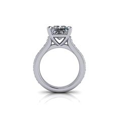 a white gold engagement ring with a square cut diamond in the center and side stones