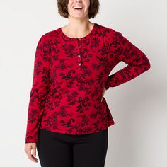 Elevate your basics with this Liz Claiborne women's blouse featuring an all-over floral pattern. It's made from soft jersey and has a regular-fit, a crew neckline with a button placket, and long fitted sleeves. Style it with jeans, trousers, or skirts. Features: EssentialsClosure Type: Pullover HeadFit: Regular FitNeckline: Crew NeckSleeve Length: Long SleeveSleeve Style: Fitted SleeveApparel Length: 25.5 InchesFiber Content: 95% Rayon, 5% SpandexFabric Description: JerseyCare: Tumble Dry, Machi Sleeves Style, Fitted Sleeves, Large Shirts, Red Blouses, Liz Claiborne, Button Placket, Crew Neckline, Shirts Tops, Floral Pattern