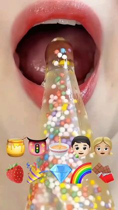 a woman's mouth with candy and candies coming out of it