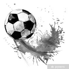 a black and white drawing of a soccer ball with splats on it's side